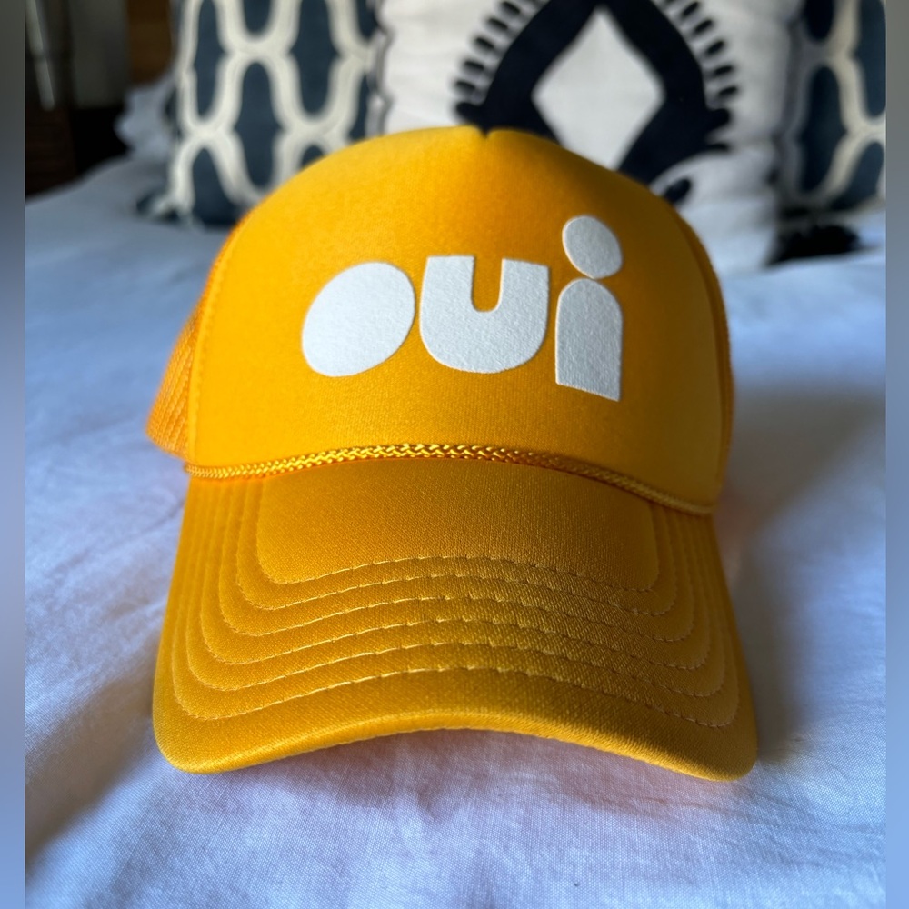 Clare V Yellow Nylon & Mesh Snapback OUI Trucker Hat